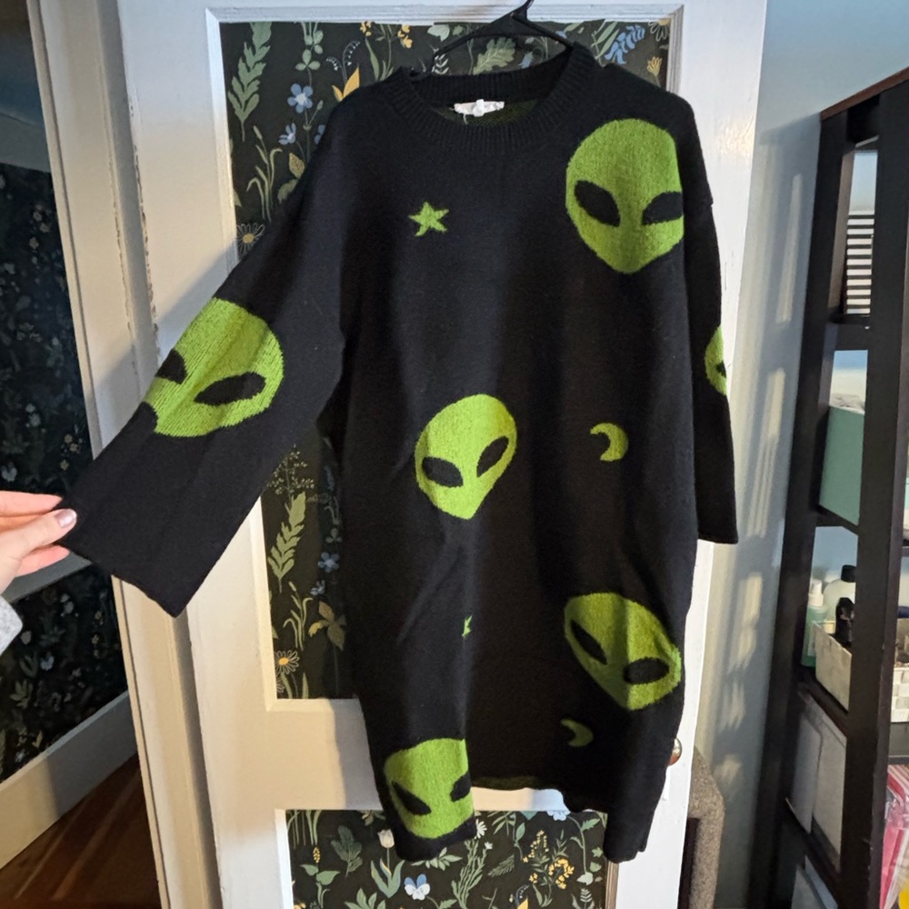 Black Sweater Dress with Green Alien Design